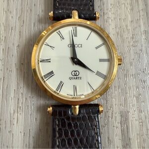 Vintage Gucci Gold Case Watch with Dark Brown Strap EUC w box